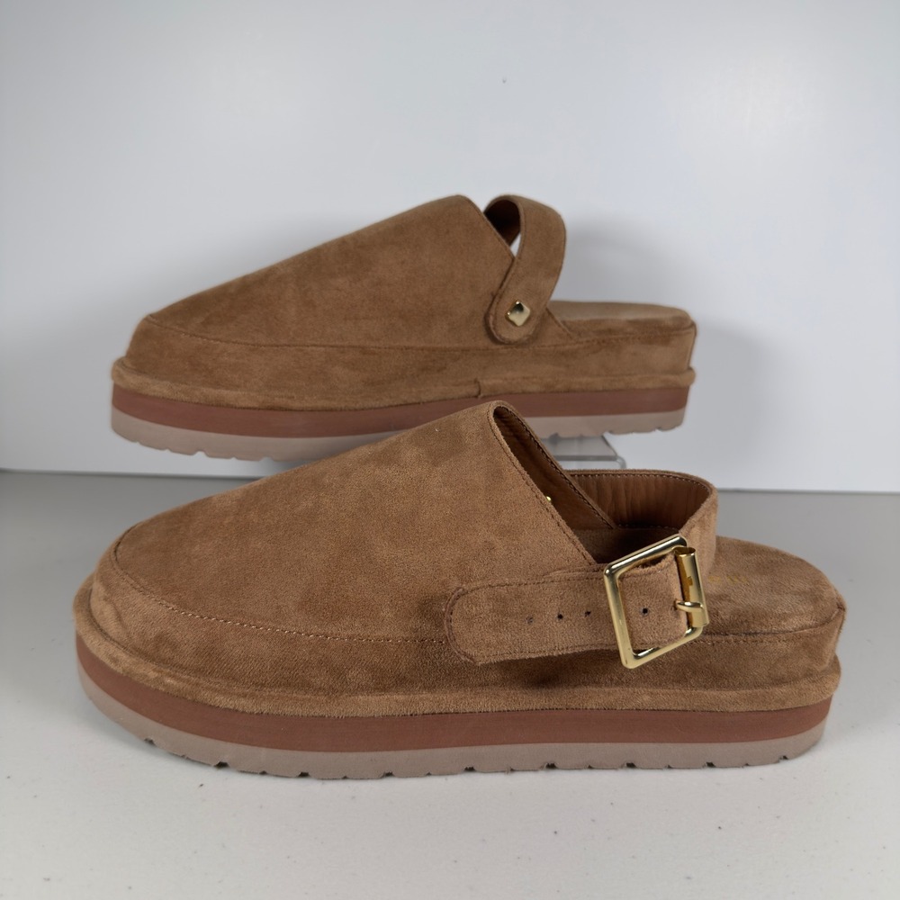 Madden Girl Grahamm Clog Mules Cognac Brown Suede Platform Slides 7M GRAH01J1